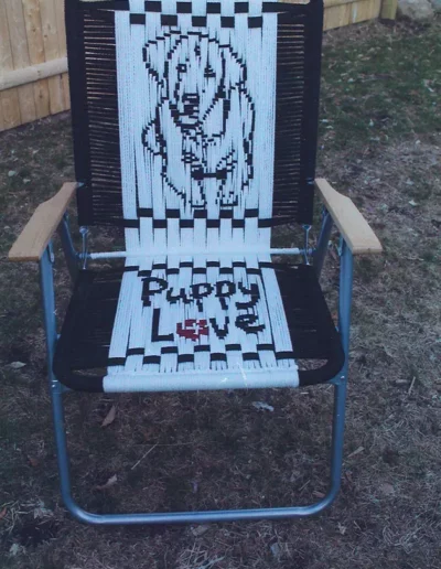 Macrame chair with Puppy Love design and dog
